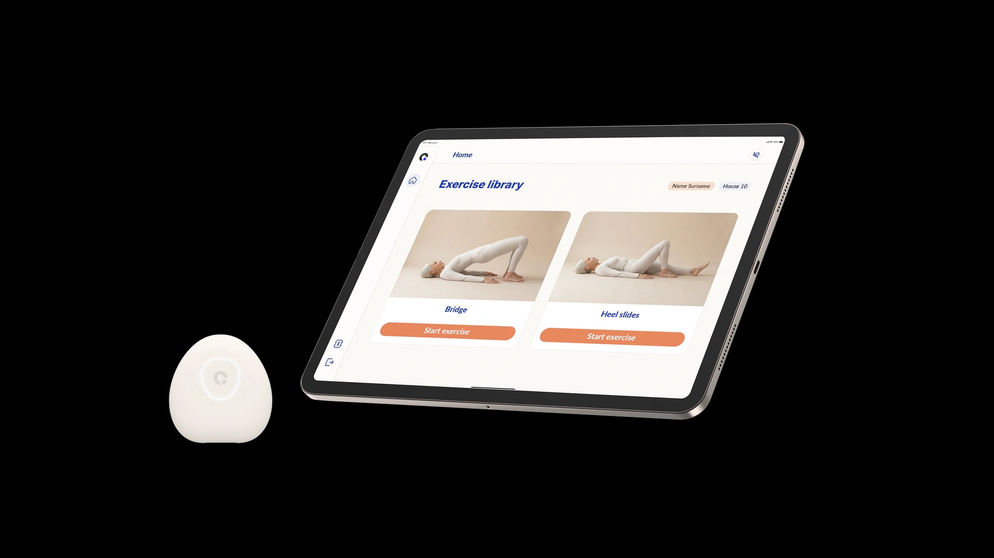 Beyond Motion sensor next to a tablet showing the exercise library of the app.